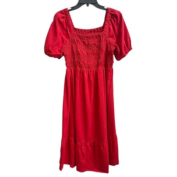 Ingrid and Isabel Maternity Dress Red Sz S Peasant Knee Length Puff Slv Smocked - Picture 2 of 6